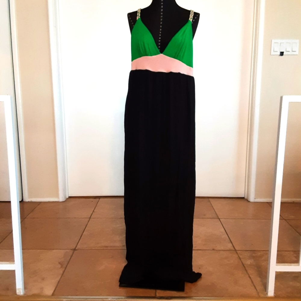 BCBG Green & Pink Color Block  Maxi Dress